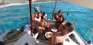 Semi Private Boat Trip to Balos Lagoon and Gramvousa Island departing. Friends on Boat. Cretan Tours & Activities, Chania Crete